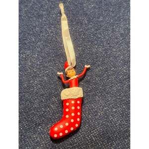 Elf on the Shelf Christmas Ornament Red Polka Dot Stocking Resin Holiday Decor